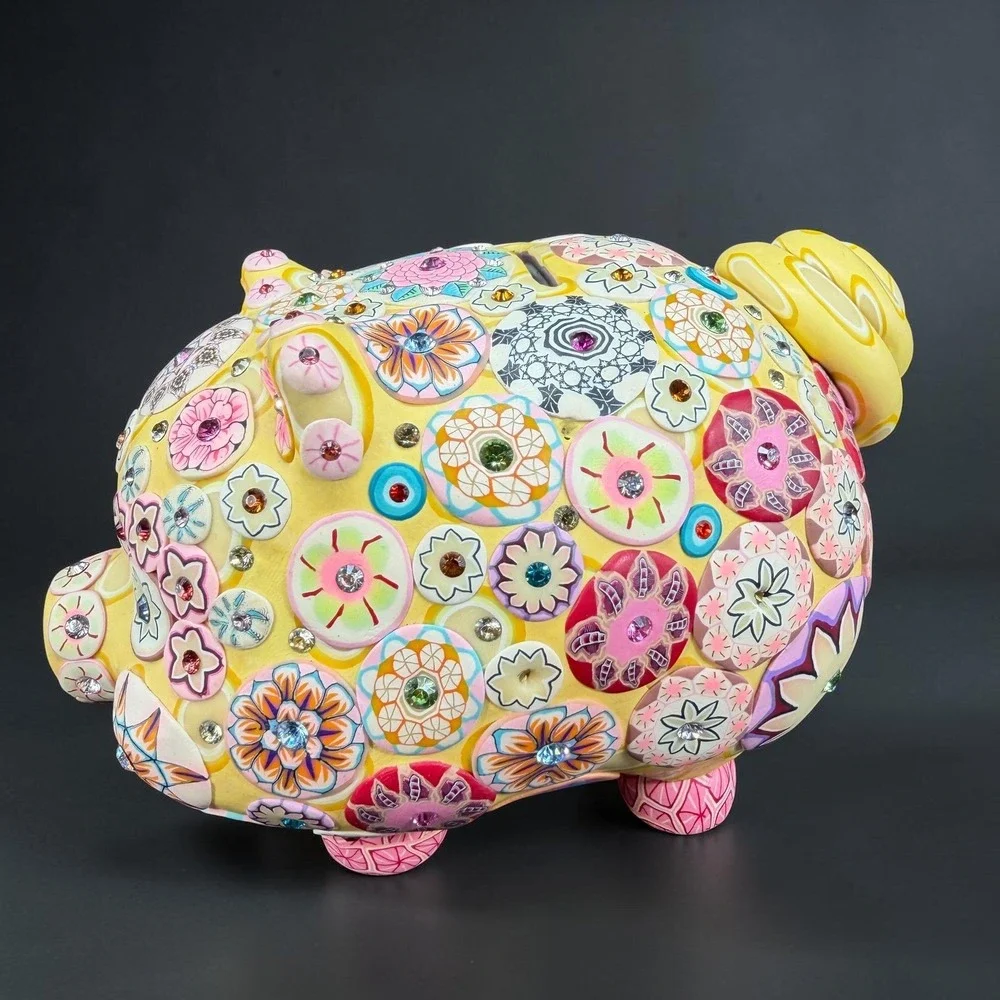 Billie Beads 2003 Handcrafted Piggy Bank Yellow Floral Millefiori Rhinestone 7in